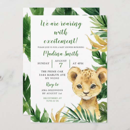 Tropical Lion Cub Boy Baby shower Uitnodiging (Voorkant / Achterkant)