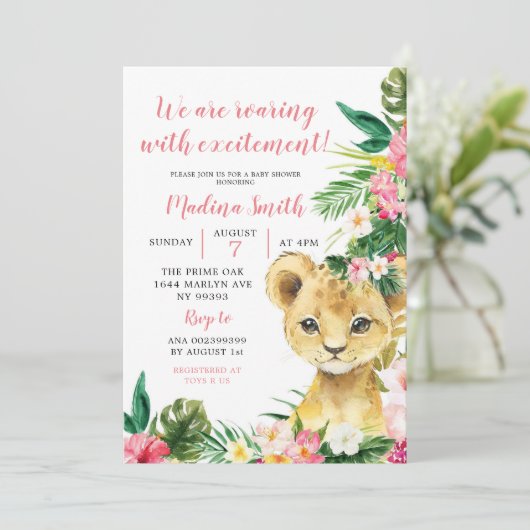 Tropical Lion Cub Meisje Baby shower Uitnodiging (Staand voorkant)