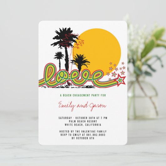 Tropical Love Palm Trees Engagement Party Uitnodig Kaart (Staand voorkant)