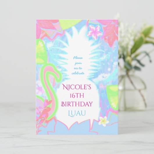 Tropical Luau Fun Kleur Ananas Party Uitnodiging (Staand voorkant)