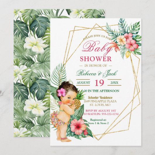 Tropical Luau Pineapple Girl Baby shower Kaart (Voorkant / Achterkant)