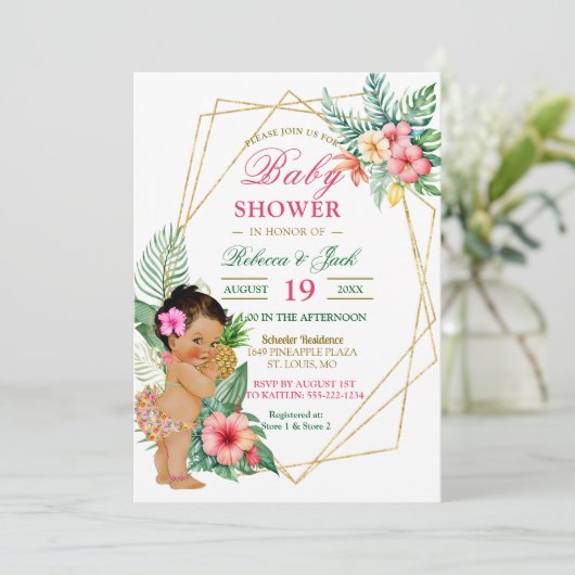 Tropical Luau Pineapple Girl Baby shower Kaart (Staand voorkant)