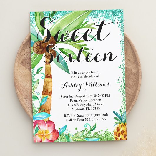 Tropical Luau Waterverf Faux Glitter Sweet 16 Kaart