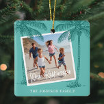 Tropical Mele Kalikimaka: Kerstmis Keramisch Ornament<br><div class="desc">Tropische kerstversieringen met een blauwgroen achtergrond,  twee foto's die je kunt vervangen door je eigen zijstrand- palmbomen,  de hawaiiaanse seizoensgroeten "Mele Kalikimaka" en je familienaam.</div>