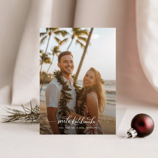  Tropical Mele Kalikimaka Newlywed Beach Photo Feestdagenkaart