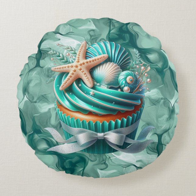 Tropical Mint Seashell Cupcake Ronde Kussen (Voorkant)