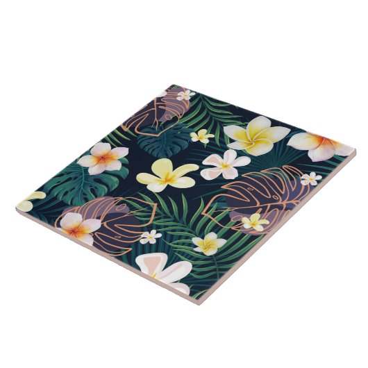 Tropical monstera bladeren plumeria bloblobloblobl tegeltje (Zijkant)