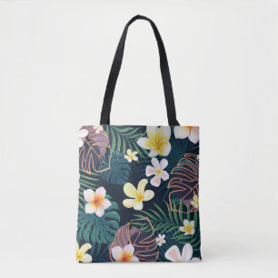 Tropical monstera bladeren plumeria bloblobloblobl tote bag