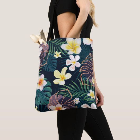 Tropical monstera bladeren plumeria bloblobloblobl tote bag (Dichtbij)