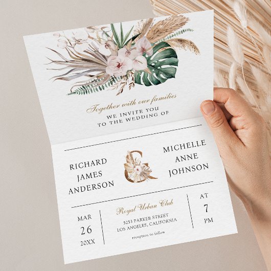 Tropical Monstera Boho Pampas QR Code Wedding