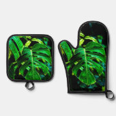 Tropical Monstera Glow – Jungle Leaf Photography Ovenwant & Pannenlap Set (Voorkant)