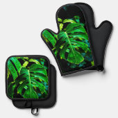 Tropical Monstera Glow – Jungle Leaf Photography Ovenwant & Pannenlap Set (Voorkant / Achterkant)
