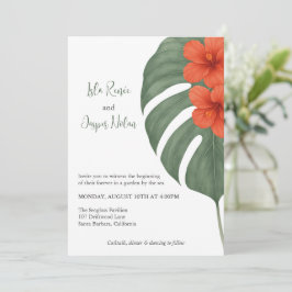 Tropical Monstera & Hibiscus Wedding Kaart