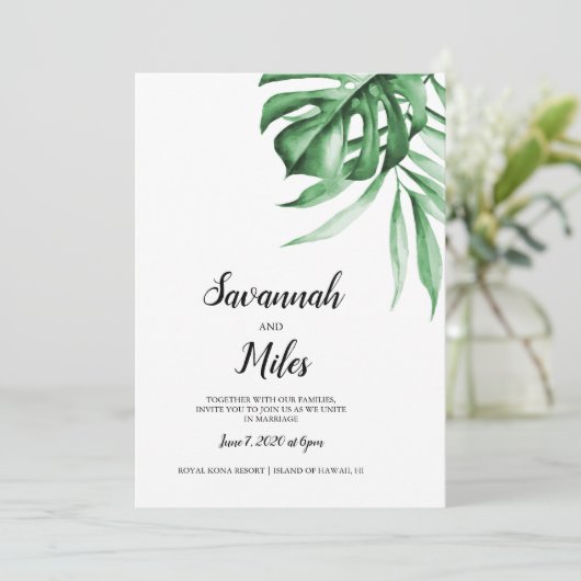 Tropical monstera leaf bruiloft kaart (Staand voorkant)
