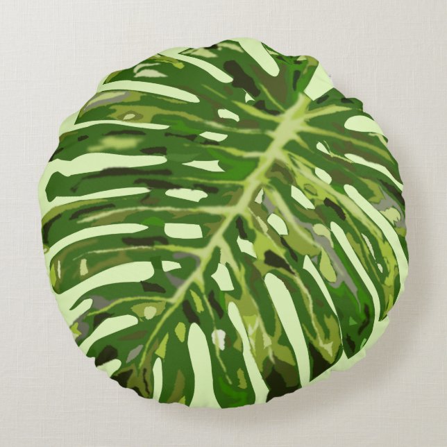 Tropical Monstera Leaf - Kies/voeg uw kleuren toe Rond Kussen (Achterkant)