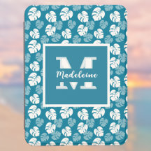Tropical Monstera Leaf Teal White Floral Monogram