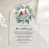 Tropical Monstera Palm Leaves Photo Wedding Acryl Uitnodigingen