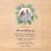 Tropical Monstera Palm Leaves Photo Wedding Acryl Uitnodigingen (Voorkant)