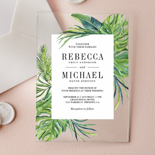 Tropical Monstera Palm Wedding Acryl Uitnodigingen