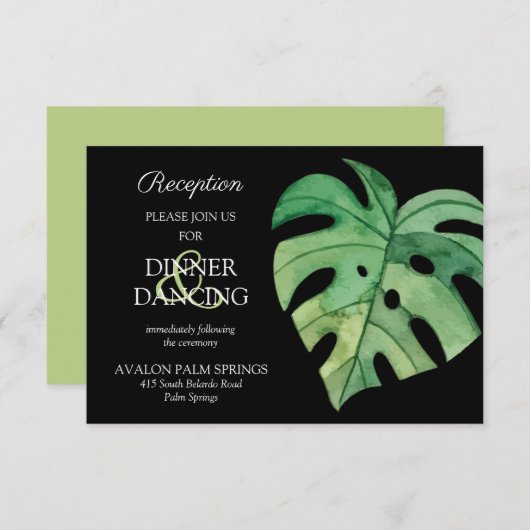 Tropical Monstera Zwart Bruiloft Receptie Kaart (Voorkant / Achterkant)