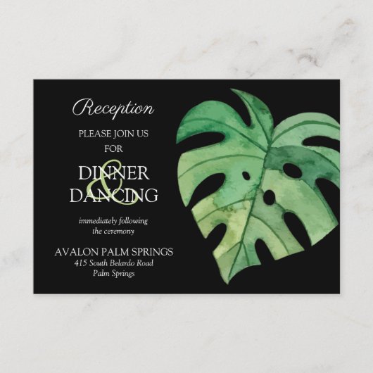 Tropical Monstera Zwart Bruiloft Receptie Kaart (Voorkant)