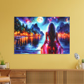 Tropical moonlit fantasy woman in paradise canvas afdruk (Insitu (Woonkamer))