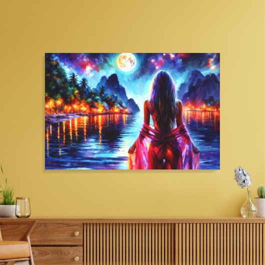 Tropical moonlit fantasy woman in paradise canvas afdruk (Insitu (Woonkamer))