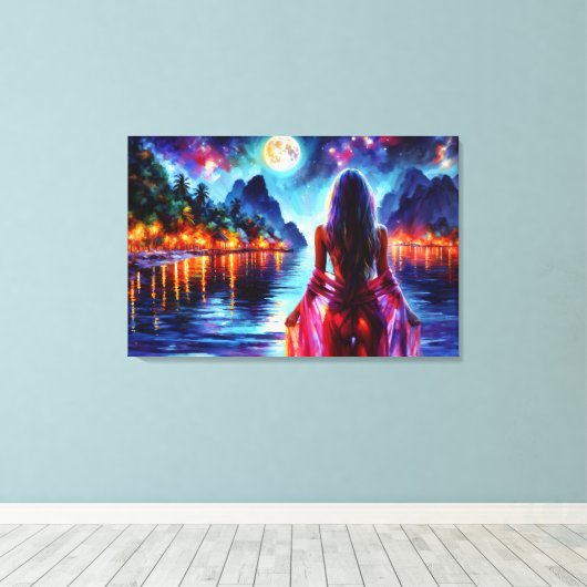 Tropical moonlit fantasy woman in paradise canvas afdruk (Insitu (Houten vloer))