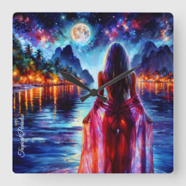 Tropical moonlit fantasy woman in paradise vierkante klok