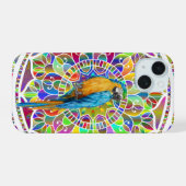Tropical Mosaic – Blue & Gold Macaw Mandala iPhone 15 Case (Achterkant horizontaal)
