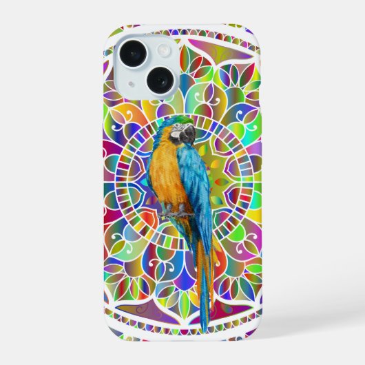 Tropical Mosaic – Blue & Gold Macaw Mandala iPhone 15 Case (Achterkant)
