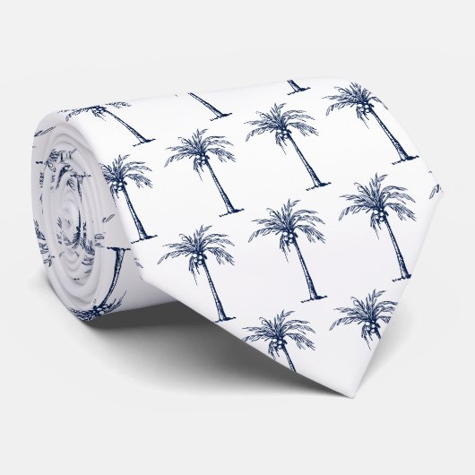 Tropical Navy Blue Palm Tree Pattern Stropdas (Opgerold)