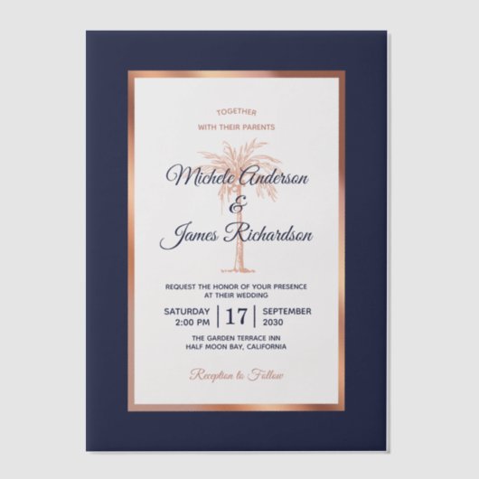 Tropical Navy Roos Gold Palm Tree Beach Wedding Vellum Uitnodigingen (Voorkant)