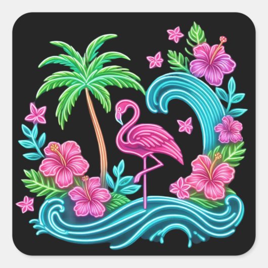 Tropical Neon Flamingo Vierkante Sticker (Voorkant)