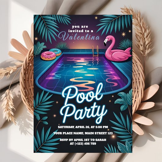 Tropical Neon Pool Party Birthday Kaart