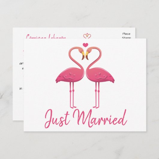 Tropical net getrouwd roze flamingo bruiloft aankondigingskaart (Voorkant / Achterkant)