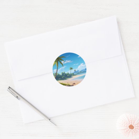 Tropical Ocean Island Sandy Beach Shore Ronde Sticker (Envelop)