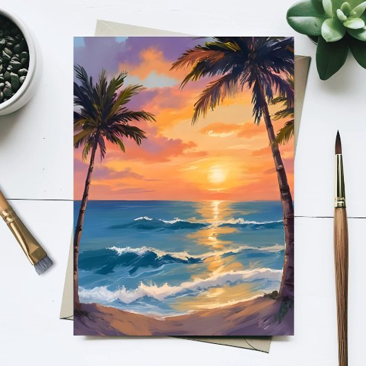 Tropical Ocean Sunset Palm Tree Watercolor Briefkaart