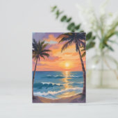 Tropical Ocean Sunset Palm Tree Watercolor Briefkaart (Staand voorkant)