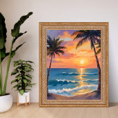 Tropical Ocean Sunset Palm Tree Watercolor Poster