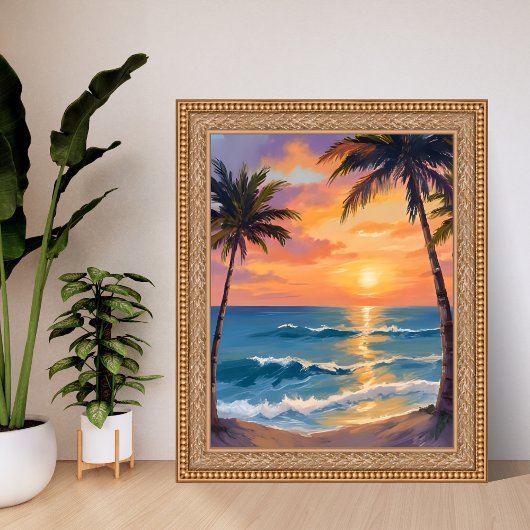 Tropical Ocean Sunset Palm Tree Watercolor Poster