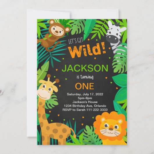 Tropical Oerwoud Safari Black Verjaardagsuitnodigi Kaart (Voorkant)