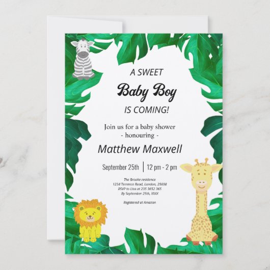Tropical Oerwoud Safari Boy Baby shower Inv Kaart (Voorkant)