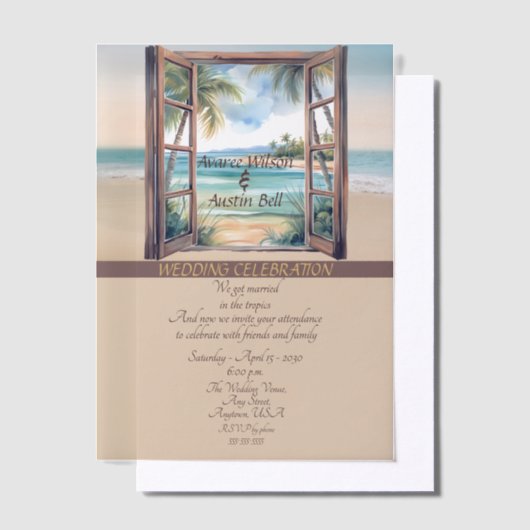 Tropical Open Window Ocean Beach Vellum Uitnodigingen (Offset)