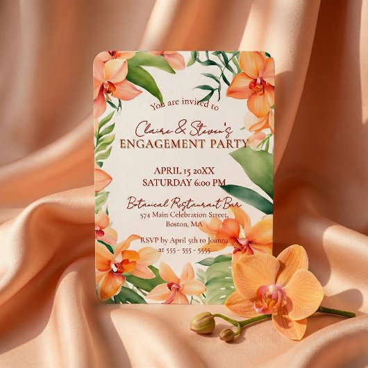 Tropical Orange Orchid & Greenery Engagement Party Kaart