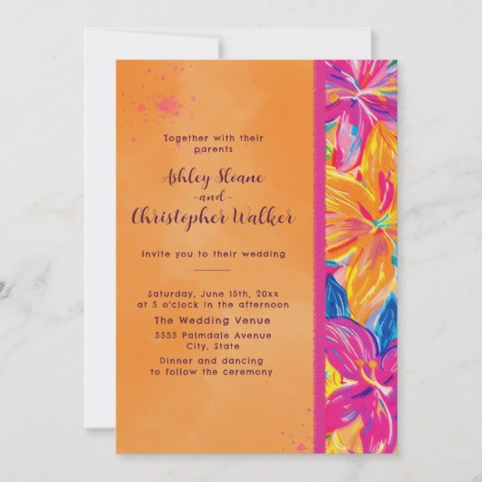 Tropical Orange Pink Watercolor Floral Wedding Kaart (Voorkant)