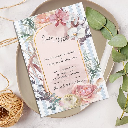 Tropical Orchid Arch Wedding Save the Date Aankondiging