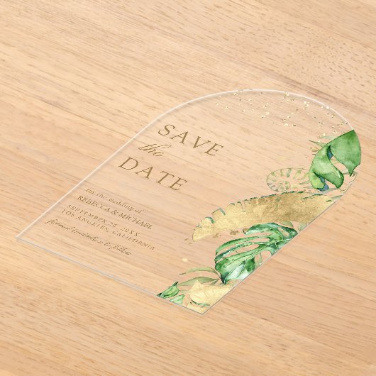 Tropical Palm Arch Gold Wedding Save the Date Acryl Uitnodigingen (Laagn)