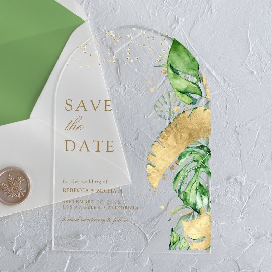 Tropical Palm Arch Gold Wedding Save the Date Acryl Uitnodigingen