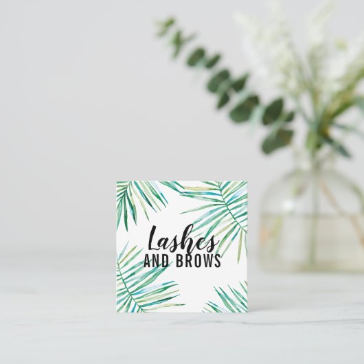 TROPICAL PALM BLAADJES waterverf botanisch Vierkante Visitekaartje (Staand voorkant)